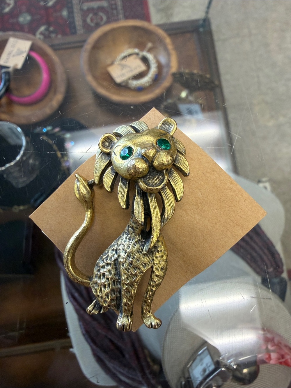 Gold-Tone Lion Brooch with Green Stone Eyes - Unbranded